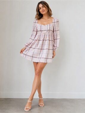 Park & Fifth Plaid Babydoll Mini Dress XS Pink Long Sleeve Cottagecore